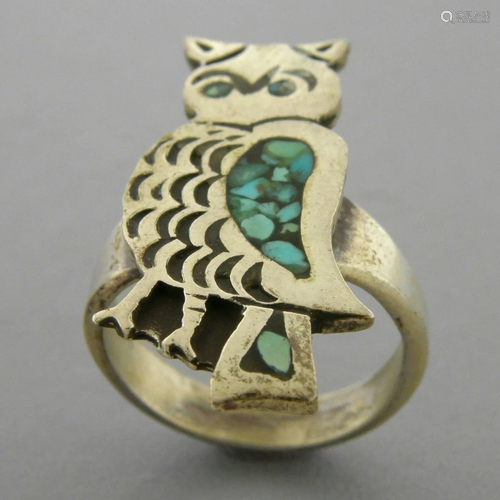 VINTAGE SOUTHWESTERN STERLING SILVER TURQUOISE OWL INLAY RIN...