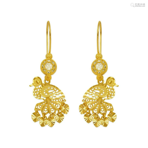 14K YELLOW GOLD DROP DANGLE CHANDELIER CZ EARRINGS BIRD