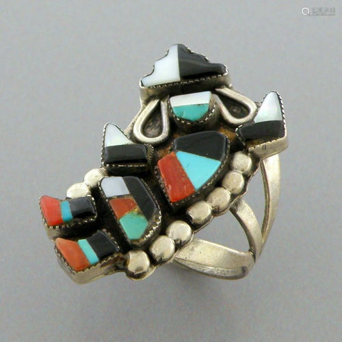 VINTAGE ZUNI STERLING SILVER DANCING KACHINA TURQUOISE INLAY...