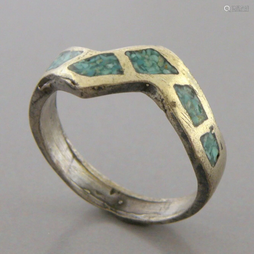 VINTAGE NAVAJO STERLING SILVER TURQUOISE INLAY STACK BAND RI...