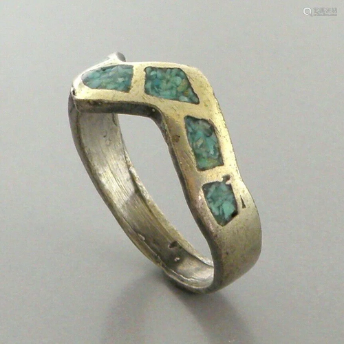 VINTAGE NAVAJO STERLING SILVER TURQUOISE INLAY STACK BAND RI...