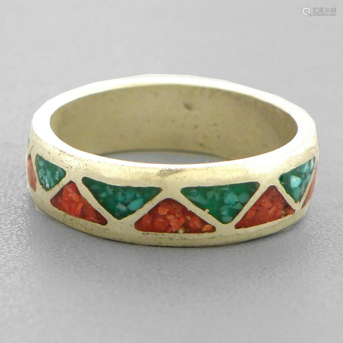 VINTAGE NAVAJO SILVER CORAL & TURQUOISE INLAY RING