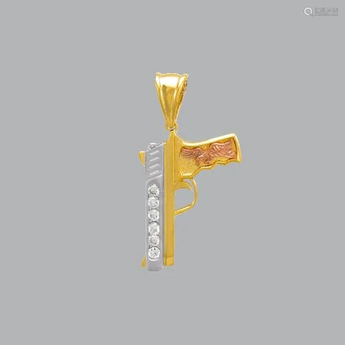 14K TRI COLOR GOLD FANCY HAND GUN CZ PENDANT