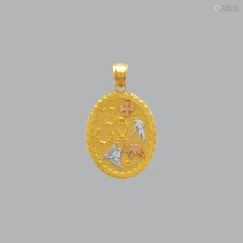 NEW 14K TRI COLOR GOLD FANCY OVAL GOODLUCK PENDANT