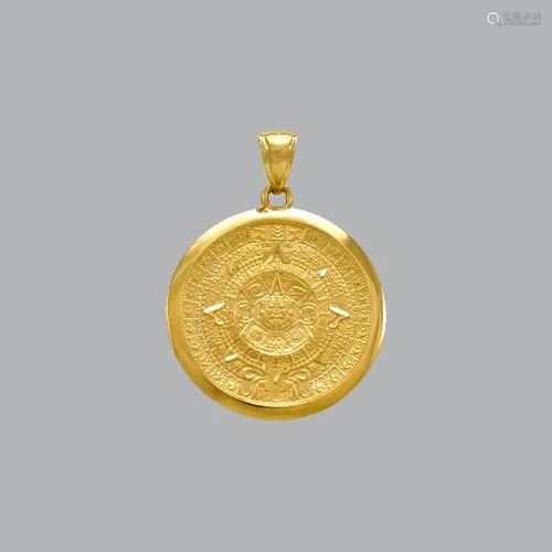 NEW 14K YELLOW GOLD FANCY ROUND AZTEC PENDANT