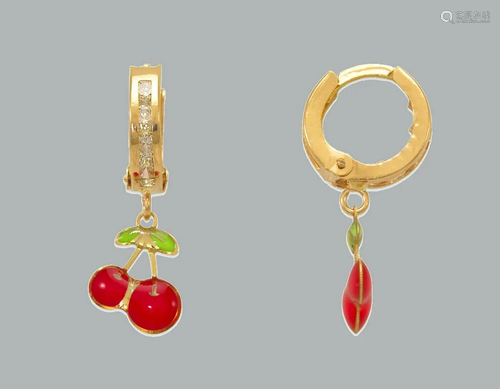 14K GOLD GIRL ENAMEL CZ DROP DANGLE EARRINGS CHERRIES