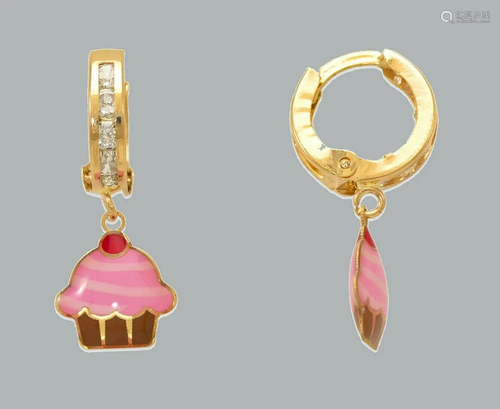 14K GOLD GIRL ENAMEL CZ DROP DANGLE EARRINGS CUPCAKE