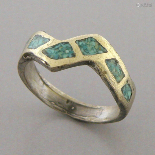 VINTAGE NAVAJO STERLING SILVER TURQUOISE INLAY STACK BAND RI...