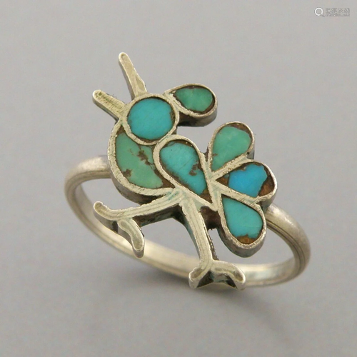 VINTAGE NAVAJO STERLING SILVER TURQUOISE INLAY BIRD RING