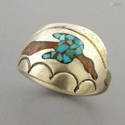 VINTAGE NAVAJO STERLING SILVER CORAL & TURQUOISE INLAY B...