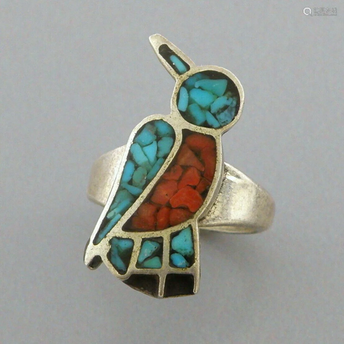 VINTAGE NAVAJO STERLING SILVER CORAL & TURQUOISE INLAY B...