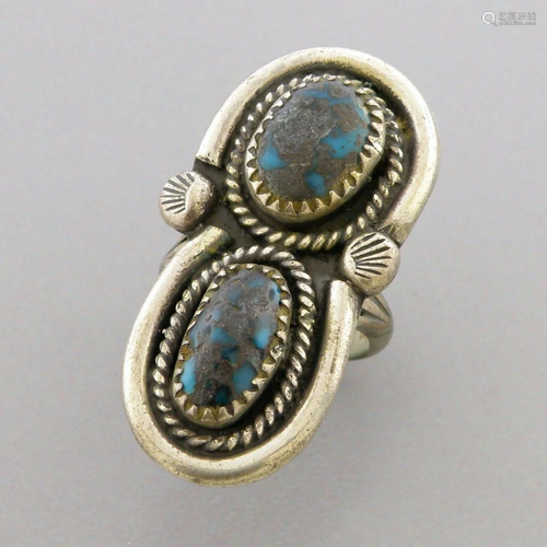 VINTAGE BEAUTIFUL NAVAJO STERLING SILVER DOUBLE TURQUOISE RI...