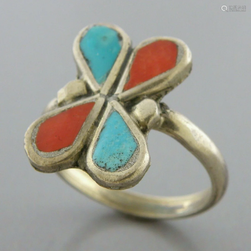 VINTAGE NAVAJO STERLING SILVER INLAY TURQUOISE CORAL BUTTERF...