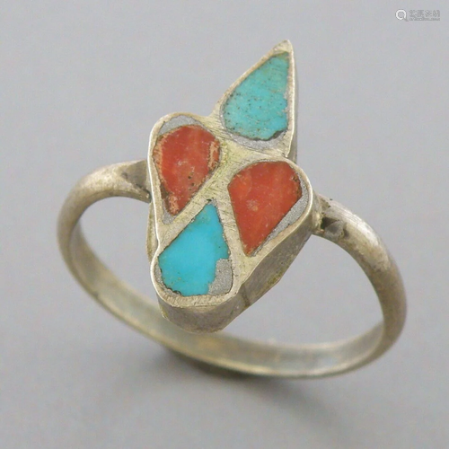 VINTAGE NAVAJO STERLING SILVER CORAL & TURQUOISE INLAY R...