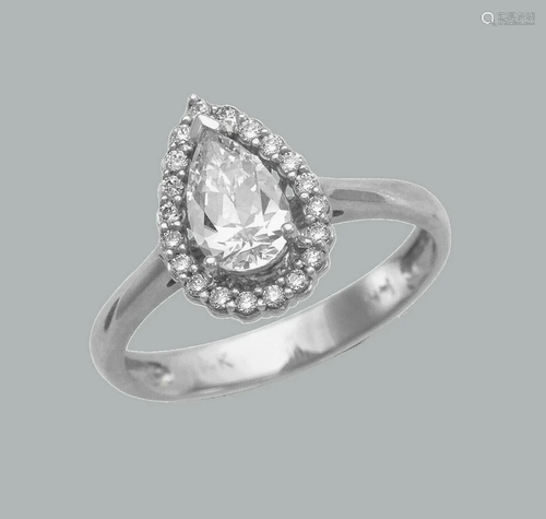 14K WHITE GOLD ENGAGEMENT RING SOLITAIRE HALO PEAR