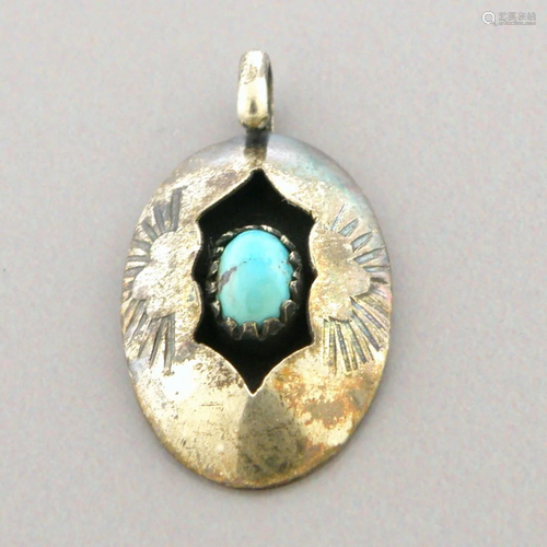 VINTAGE NAVAJO STERLING SILVER TURQUOISE SHADOW BOX PENDANT