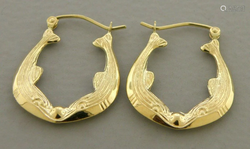 14K YELLOW GOLD LADIES HOLLOW HOOP EARRINGS WHALE