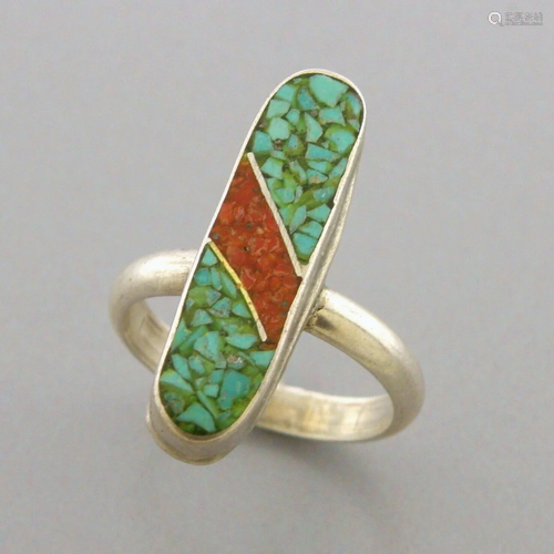 VINTAGE NAVAJO STERLING SILVER CORAL & TURQUOISE INLAY R...