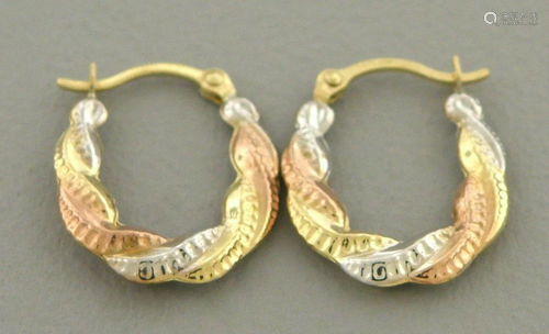 14K TRI COLOR GOLD FANCY HOLLOW SHRIMP HOOP EARRINGS