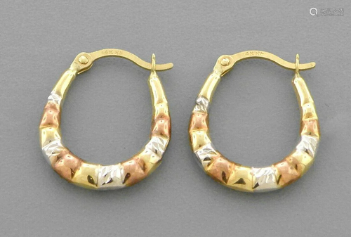 14K TRI COLOR GOLD FANCY HOLLOW SHRIMP HOOP EARRINGS