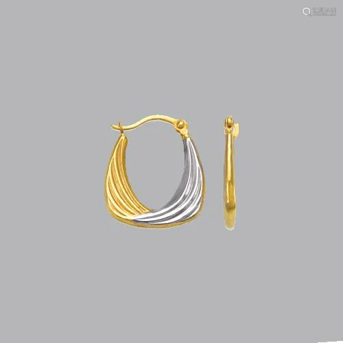 14K TWO TONE GOLD HEART HOLLOW SHRIMP HOOP EARRINGS