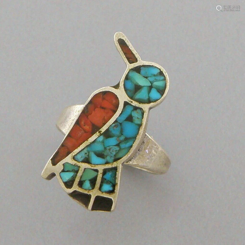 VINTAGE NAVAJO STERLING SILVER CORAL & TURQUOISE INLAY B...