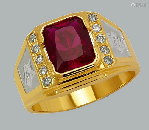 14K TWO TONE GOLD MENS RING SIGNET RED CZ EMERALD CUT