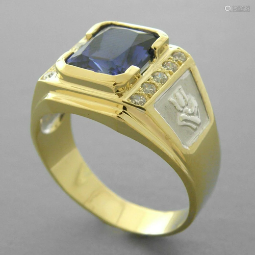 14K TWO TONE GOLD MENS RING SIGNET BLUE CZ EMERALD CUT