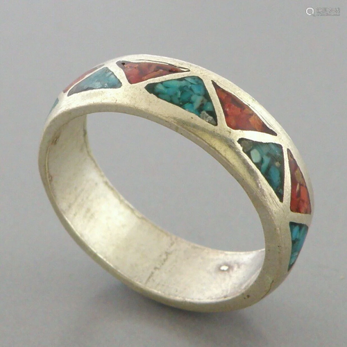 VINTAGE NAVAJO STERLING SILVER CORAL & TURQUOISE INLAY B...