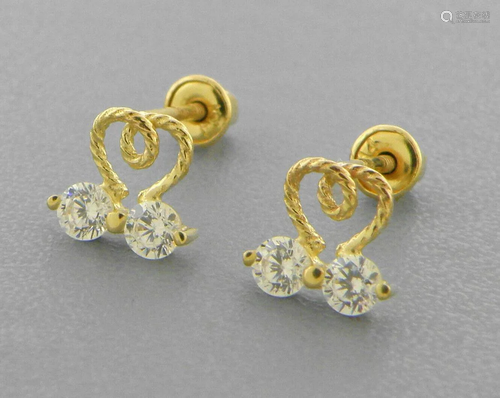 14K YELLOW GOLD STUD CZ EARRINGS SCREW BACK HEART