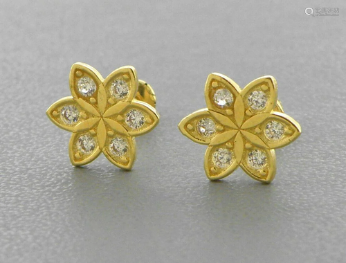 14K YELLOW GOLD STUD CZ EARRINGS SCREW BACK FLOWER