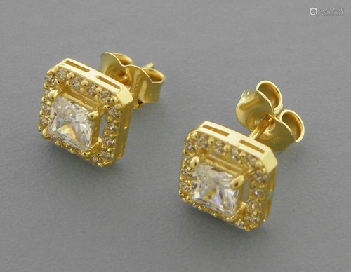 NEW 14K YELLOW GOLD LADIES FANCY STUD CZ EARRINGS HALO