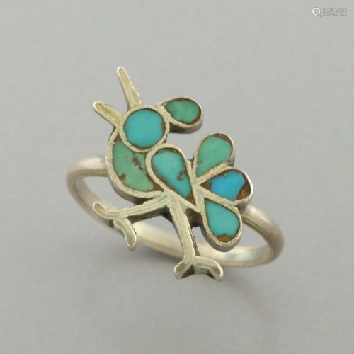 VINTAGE NAVAJO STERLING SILVER TURQUOISE INLAY BIRD RING 7.2...