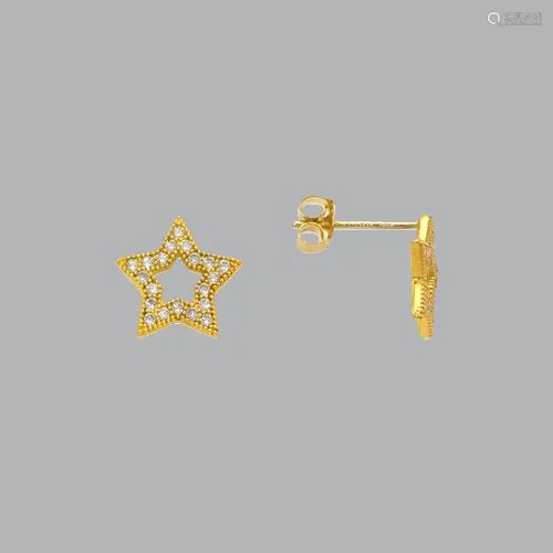 14K YELLOW GOLD FANCY STUD CZ EARRINGS STAR PAVE