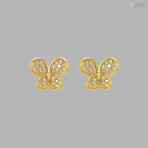 14K YELLOW GOLD LADIES FANCY CZ EARRINGS BUTTERFLY PAVE