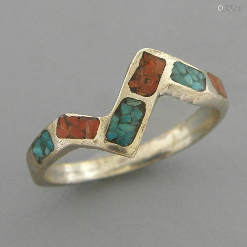 VINTAGE NAVAJO SILVER TURQUOISE CORAL INLAY RING SIZE 7