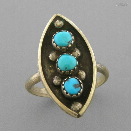 VINTAGE NAVAJO SILVER TURQUOISE CORAL INLAY RING SIZE 7