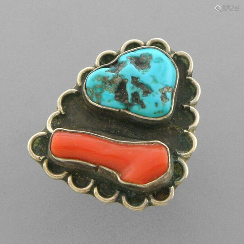 VINTAGE BEAUTIFUL NAVAJO SILVER TURQUOISE CORAL RING