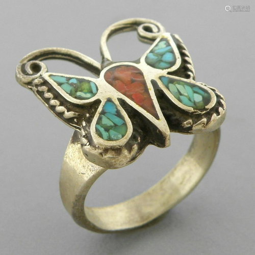 VINTAGE SOUTHWESTERN SILVER CORAL & TURQUOISE RING SZ 5