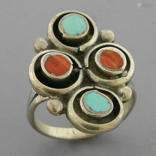 VINTAGE SOUTHWEST SILVER CORAL TURQUOISE BUBBLE RING