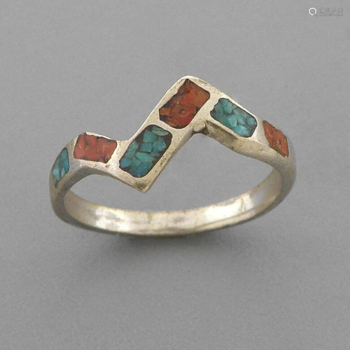 VINTAGE NAVAJO SILVER TURQUOISE CORAL INLAY RING SZ 7.5