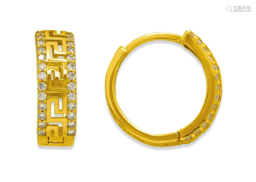 14K YELLOW GOLD LADIES ROUND CZ HUGGIE HOOP EARRINGS