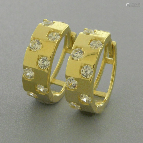 14K YELLOW GOLD LADIES ROUND CZ HUGGIE HOOP EARRINGS