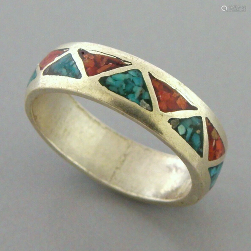 VINTAGE NAVAJO STERLING SILVER CORAL & TURQUOISE INLAY B...