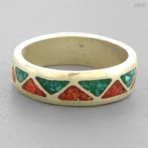 VINTAGE NAVAJO STERLING SILVER CORAL & TURQUOISE INLAY B...