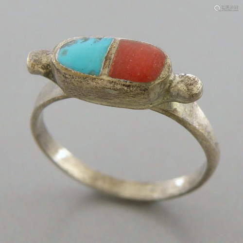 VINTAGE NAVAJO STERLING SILVER CORAL & TURQUOISE INLAY R...