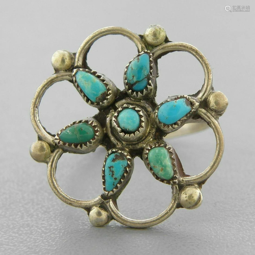 VINTAGE ZUNI PETIT POINT STERLING SILVER TURQUOISE RING