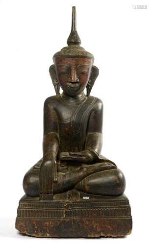 Art Asiatique Grand "Bouddha assis" en bois sculpt...