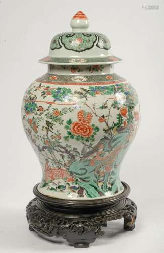 Art Asiatique Grand vase potiche couvert en porcelaine polyc...