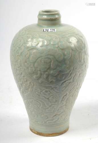 Art chinois Vase pansu en porcelaine monochrome céladon à dé...